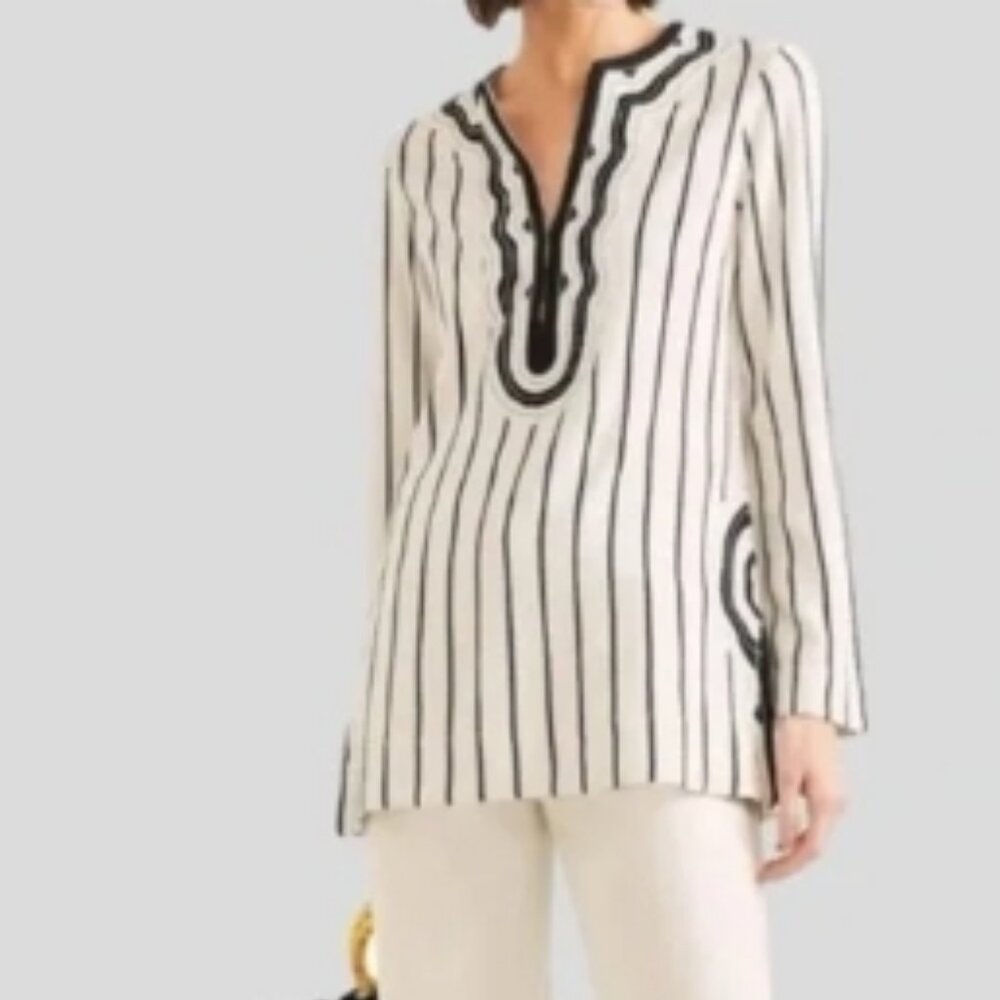 TORY BURCH ‘Filipa’ Black & White Striped Kaftan Linen Tunic size12 🆕⌚📦🏃💨🚚